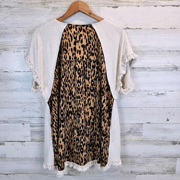 Umgee Womens Boho Linen Cotton Fringe Leopard Print Top 2X Oatmeal Neutral Chic - Picture 4 of 12